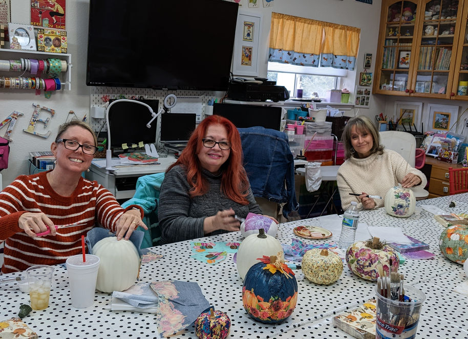 Group of ladies decoupaging their pumpkins in Sachse, TX