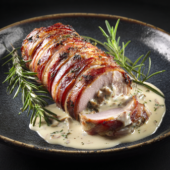 Pork fillet wrapped in Parma ham and served with a creamy mushroom sauce