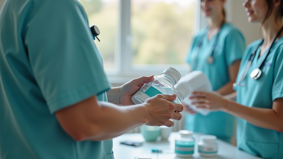 Close-up view of a nurse preparing medical supplies for a home visit