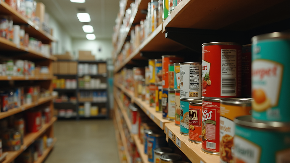 Eye-level view of a food pantry shelf stocked with canned goods