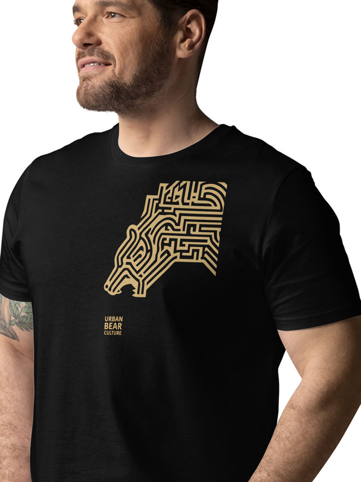Urban Bear Culture organic t-shirt with roaring bear print in maze illustration