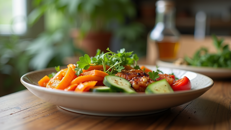 Eye-level view of a healthy meal plate with colorful vegetables