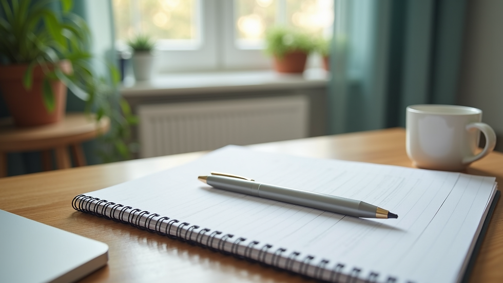 Close-up view of a therapist's desk with a notebook, pen, and calming decor
