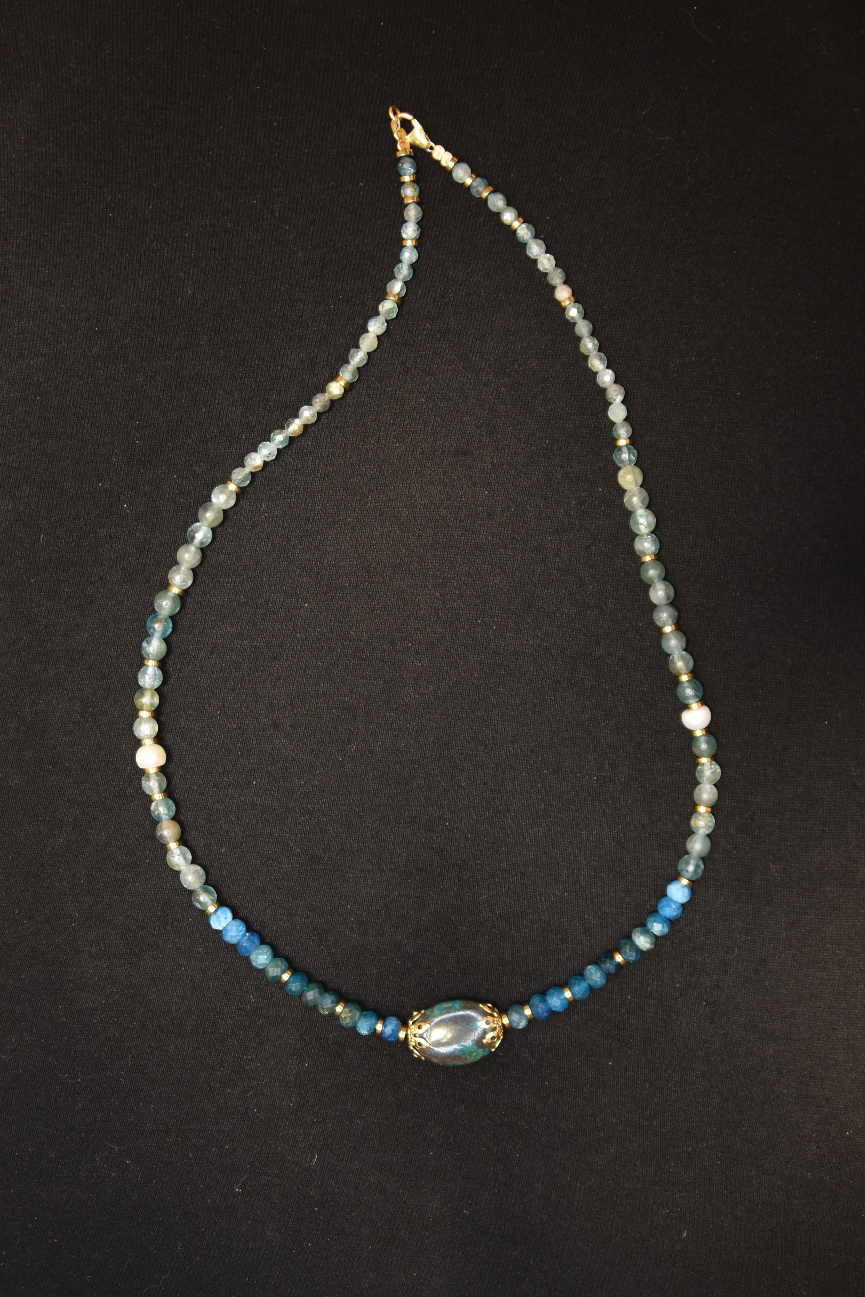 Tibetan turquoise, apatite and pearl mala