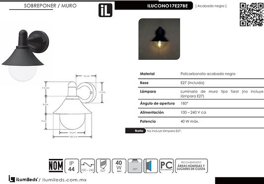 LUMINARIO TIPO FAROL ILUCONO17E27BE MARCA ILUMILEDS.