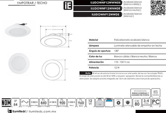 LUMINARIO LED ATENUABLE DE EMPOTRAR ILUDOWNP12WWWDE ILUDOWNP12WNWDE ILUDOWNP12WWDE MARCA ILUMILEDS.