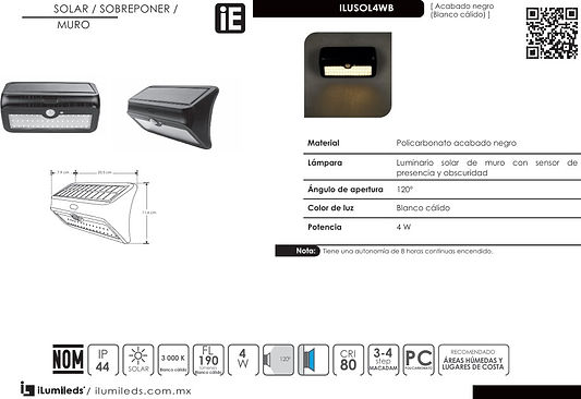 LUMINARIO LED PARED CARGA SOLAR ILUSOL4WB MARCA ILUMILEDS.