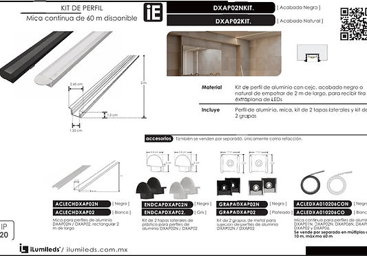 PERFIL DE ALUMINIO PAR TIRA LED DXAP02KIT. DXAP02NKIT. MARCA ILUMILEDS.
