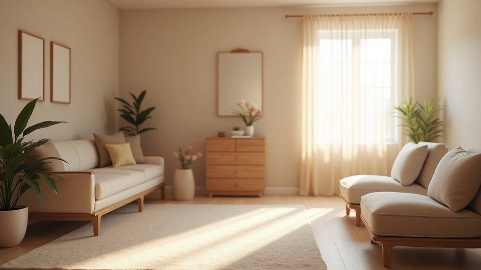 Eye-level view of a calm therapy room with soft lighting and comfortable seating