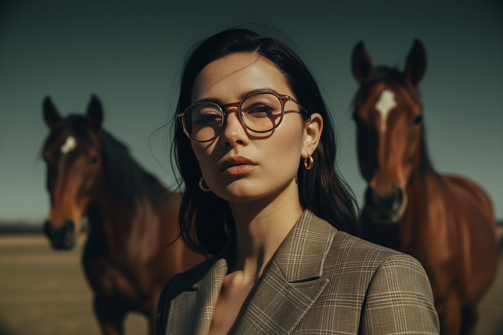 WOMAN STANDING IN A FIELD OF HORSES STARING IN TO THE CAMERA WEARING A EYEWEAR FRAME FROM KIO YAMATO MODEL NUMBER KP-283U