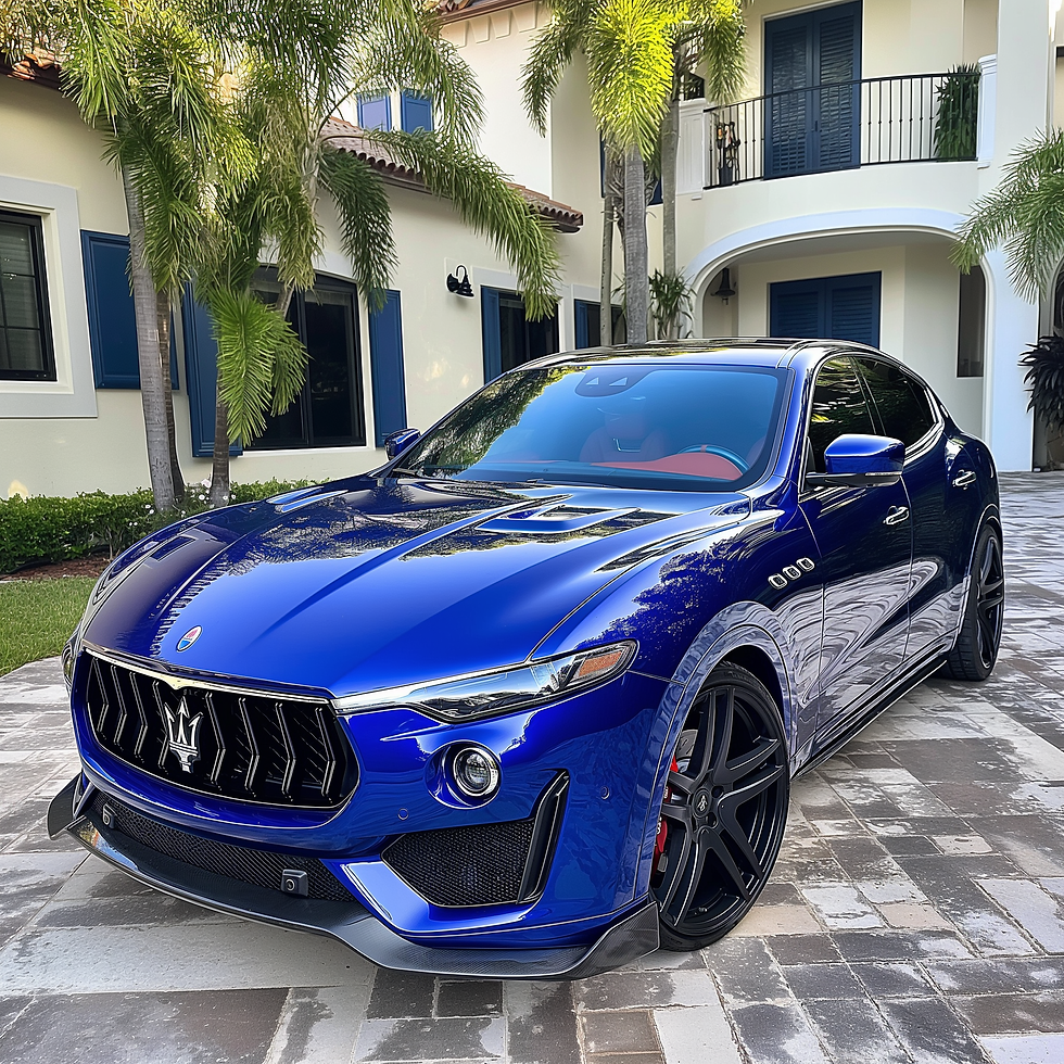 An "after" photo of a Paint Correction service on a bright blue luxury SUV.