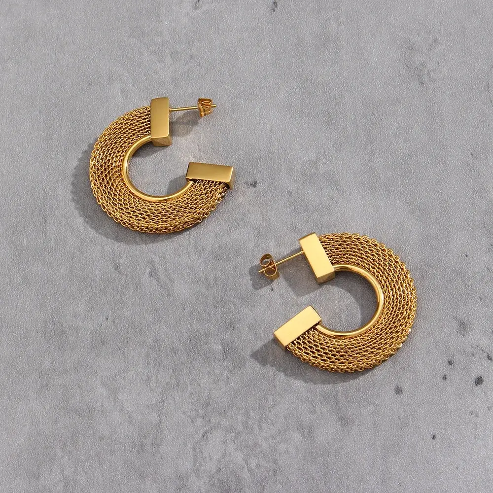 Stainless Steel Hoop Earrings Woven Rattan
