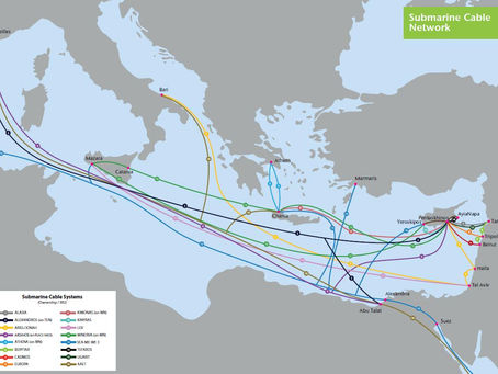 Mediterranean submarine cable network map showing dense route convergence around Marseille and fragmented landing distribution across Greece, illustrating the structural difference between a concentrated control node and a transit corridor.