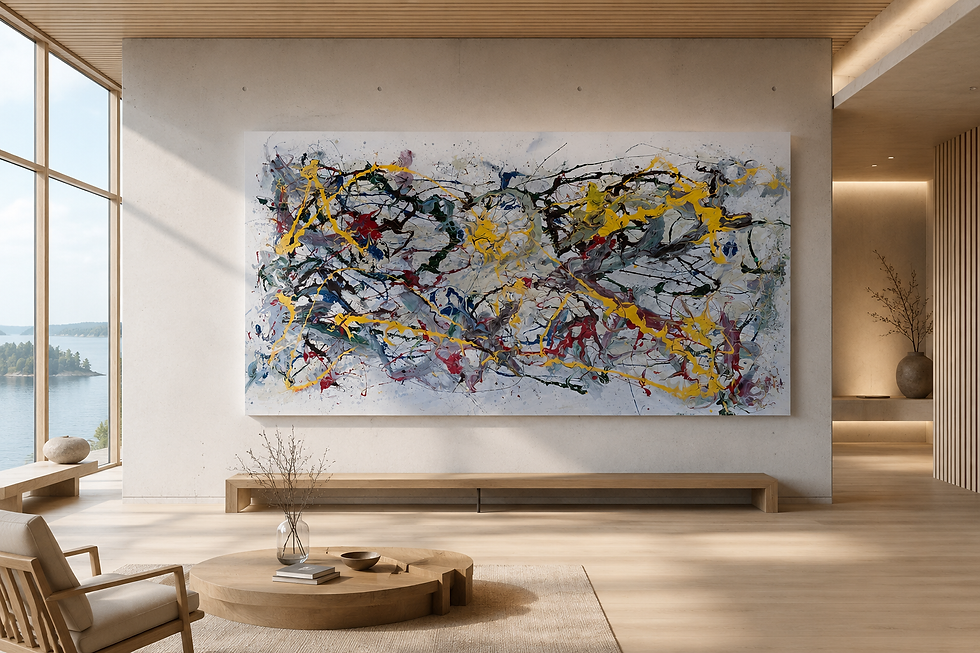 Large-scale contemporary artwork “Axis” by Erik Kling exploring connection, expansion, and structural alignment through energetic movement and architectural balance.