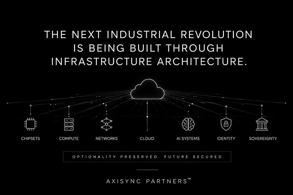 Minimalist black-and-white strategic diagram showing cloud, AI, compute, energy, semiconductor, and identity infrastructure connected around the concept of sovereignty and long-term architectural control.