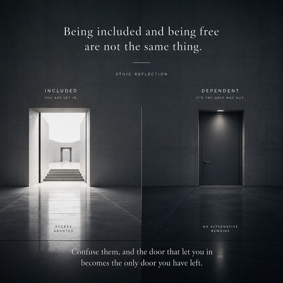 Minimalist black-and-white illustration of two doorways representing the difference between inclusion and freedom, with a quote about preserving optionality.