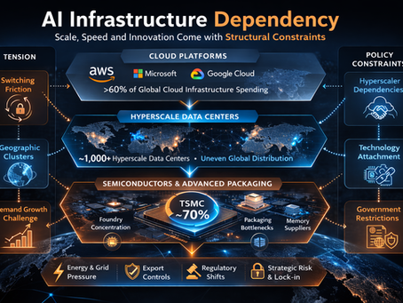 Diagram illustrating AI infrastructure dependency across cloud platforms, hyperscale data centers, and semiconductor supply chains, with structural pressures including switching friction, geographic clustering, demand growth, and policy constraints.