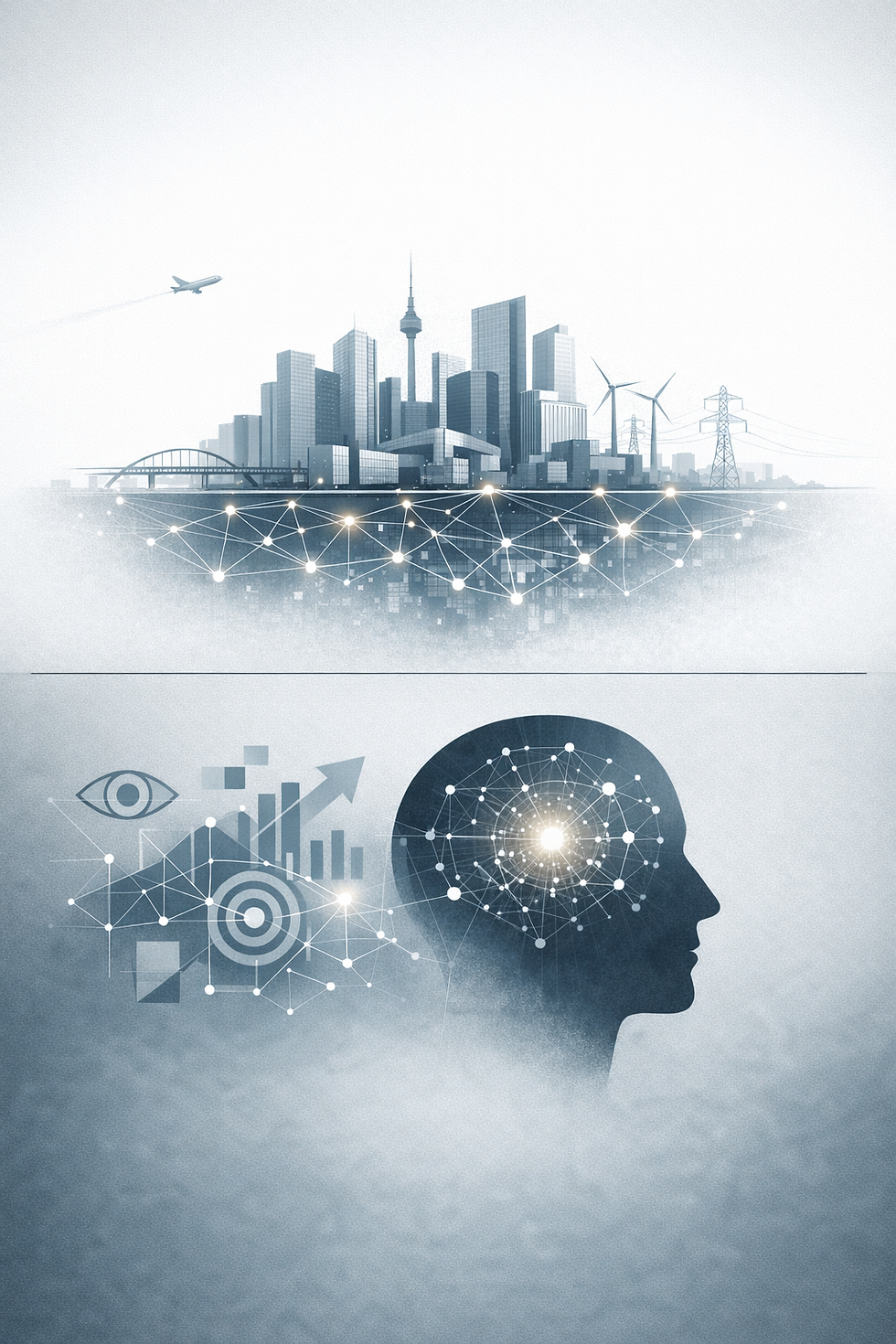 Conceptual digital illustration showing a modern city skyline above and an abstract network of interconnected nodes beneath, representing visible infrastructure and underlying structural systems.