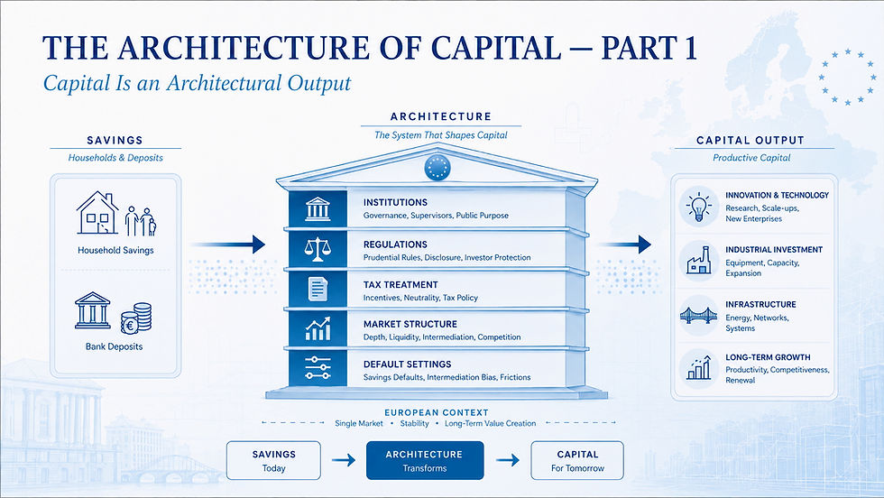 European household savings flow through institutions, regulation, tax policy, market structure, and default settings to become productive capital for innovation, industry, infrastructure, and long-term growth.
