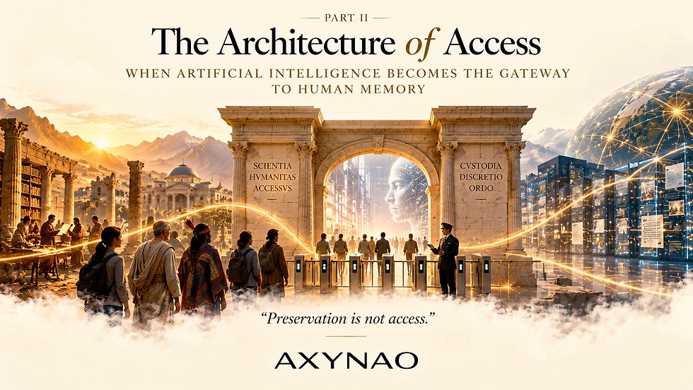 A marble gateway with turnstiles standing between ancient scholars and glowing digital screens, joined by a thread of gold light — AXYNAO, “The Architecture of Access.”