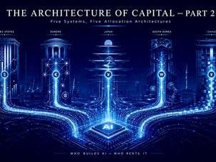 Five capital-allocation systems—the United States, Europe, Japan, South Korea, and China—channel capital toward a central AI chip.