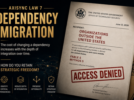 AXISYNC Law 7: Dependency Migration. A government-style letter stamped “ACCESS DENIED” illustrates how deep dependencies can become strategic chokepoints, highlighting the importance of preserving optionality and strategic freedom.