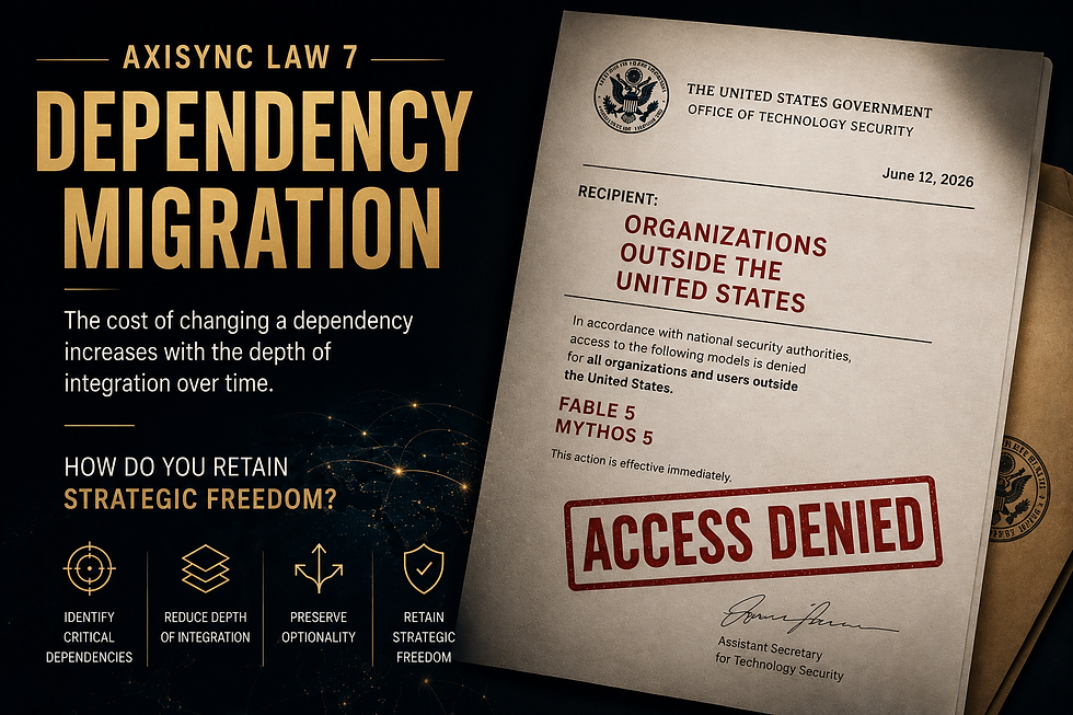 AXISYNC Law 7: Dependency Migration. A government-style letter stamped “ACCESS DENIED” illustrates how deep dependencies can become strategic chokepoints, highlighting the importance of preserving optionality and strategic freedom.