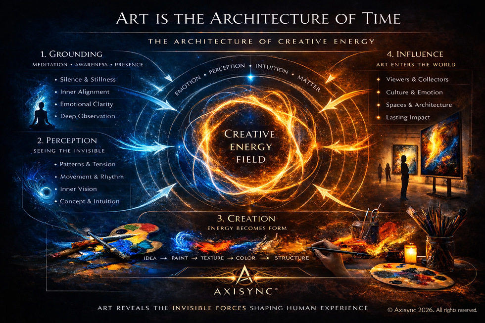 Diagram titled “Art is the Architecture of Time” showing the Architecture of Creative Energy system with four stages—grounding, perception, creation, and influence—illustrating how creative energy shapes human perception and experience across time, branded with Axisync © 2026.