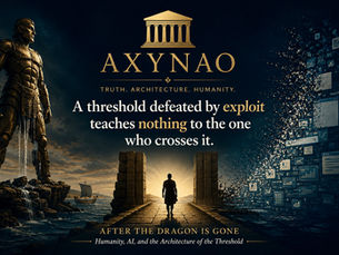 AXYNAO visual for “After the Dragon Is Gone,” exploring humanity, AI, mythological guardians and the disappearing thresholds between desire and consequential capability.