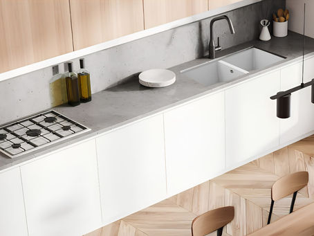 Evier double bac sous-plan dans une cuisine sur-mesure