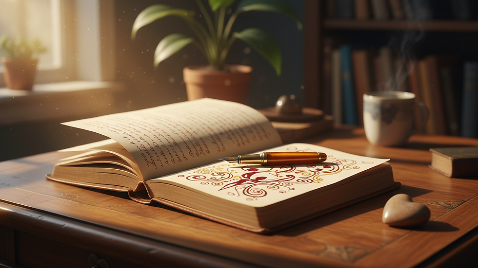 Close-up view of a journal and pen on a wooden table, symbolizing reflection and healing