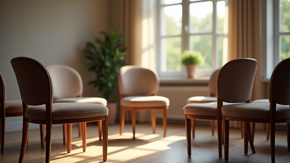Eye-level view of a circle of chairs in a cozy room prepared for a grief support group meeting