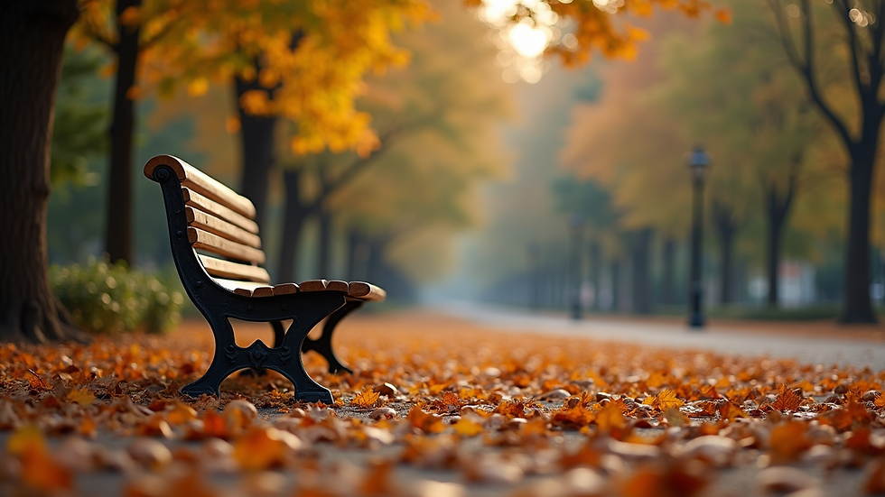 High angle view of a quiet park bench surrounded by autumn leaves, symbolizing reflection and healing