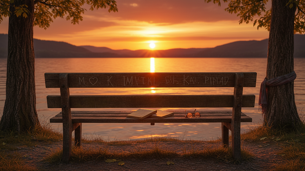 Eye-level view of a peaceful lakeside bench at sunset