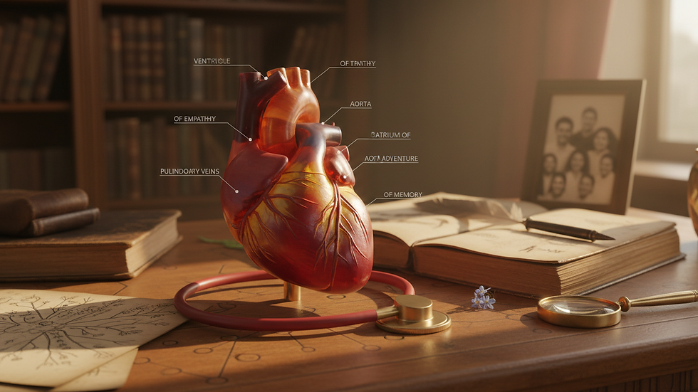 Close-up view of a heart model on a wooden table with a stethoscope