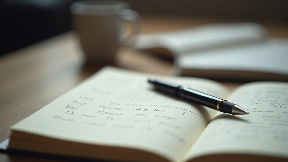 Close-up view of a journal with handwritten notes and a pen