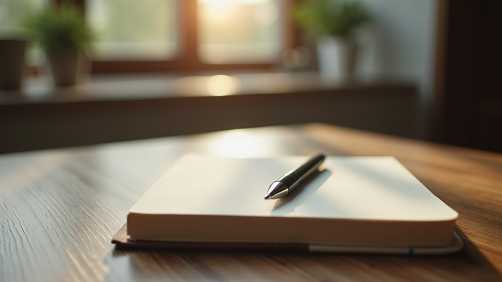 Close-up view of a journal and pen on a wooden table, symbolizing reflection and healing