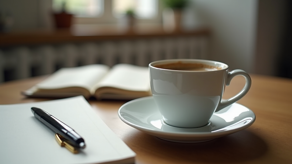 Close-up view of a cup of coffee on a wooden table beside a notebook and pen