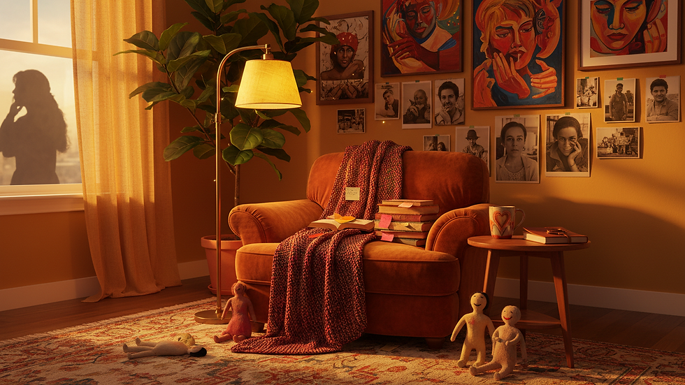 Eye-level view of a cozy room with a comfortable chair and soft lighting