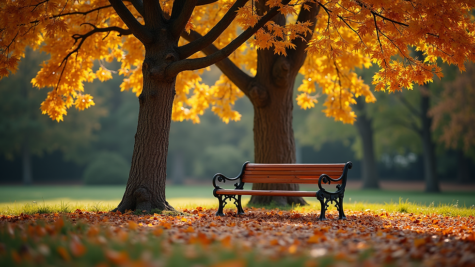 Eye-level view of a quiet park bench under a large tree in autumn