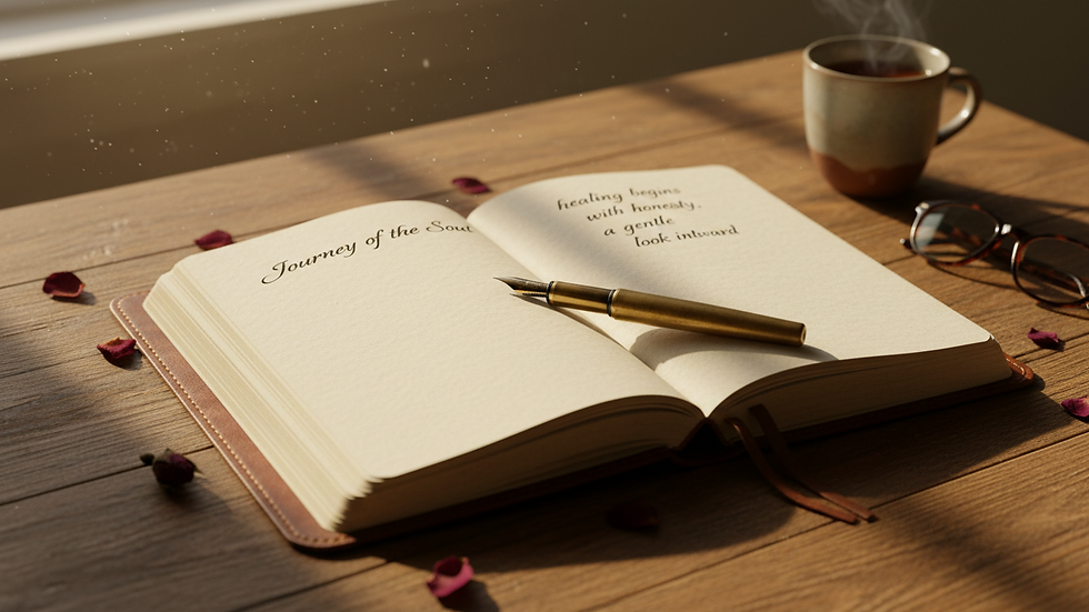 Close-up view of a journal and pen on a wooden table, symbolizing reflection and healing