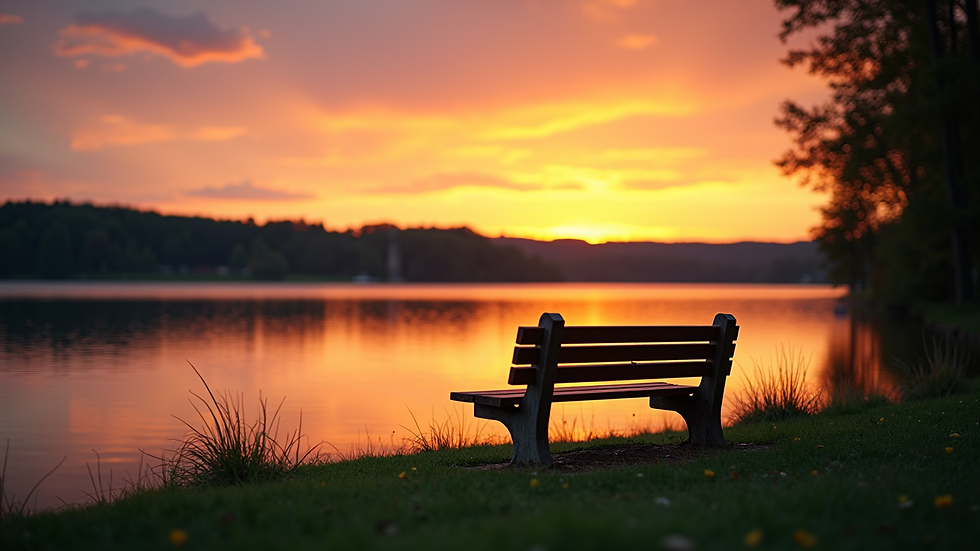 Eye-level view of a peaceful lakeside bench at sunset