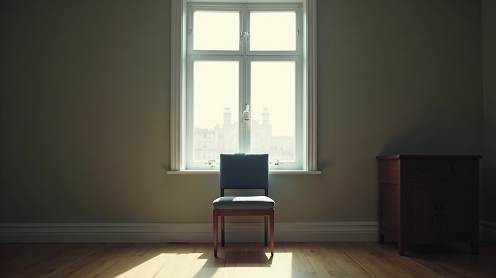 Eye-level view of a quiet room with a single chair by a window, soft light filtering in