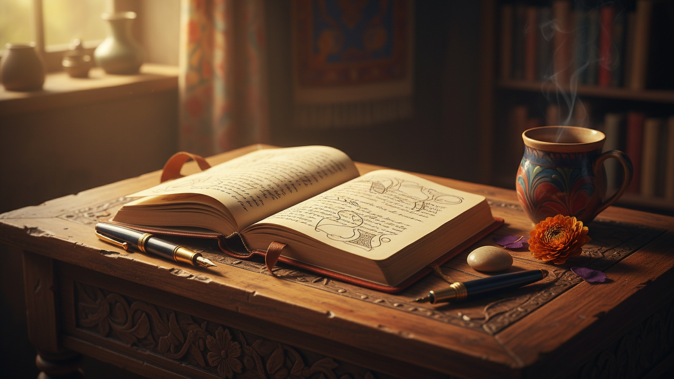 Close-up view of a journal and pen on a wooden table, symbolizing reflection and healing