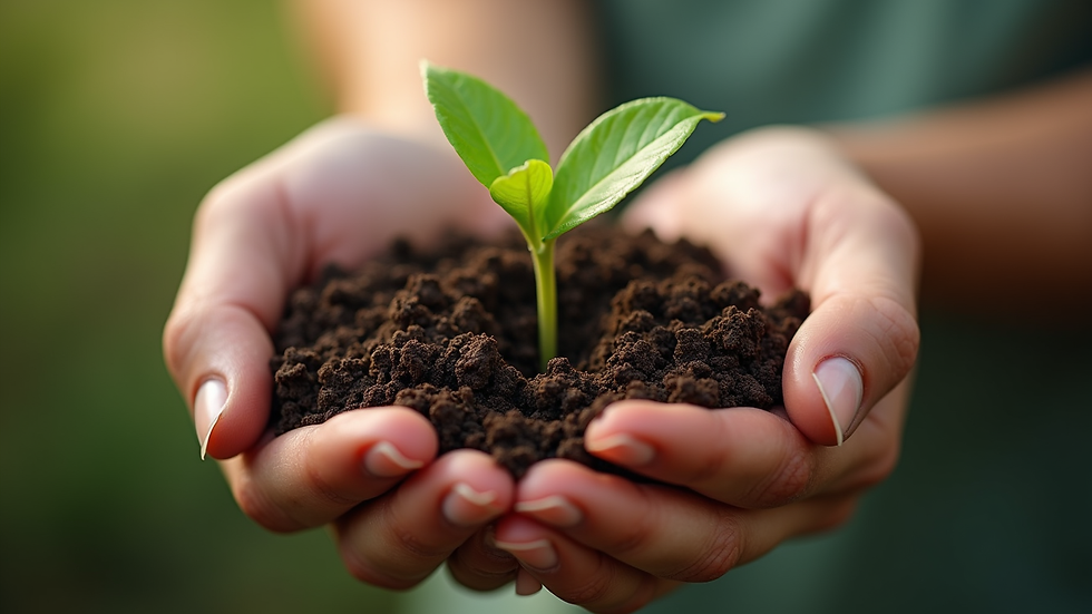 Close-up view of a hand holding a small sprouting plant in soil