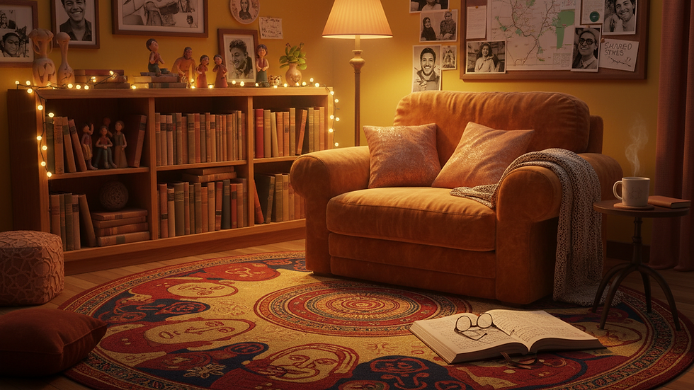 Eye-level view of a cozy room with a comfortable chair and soft lighting