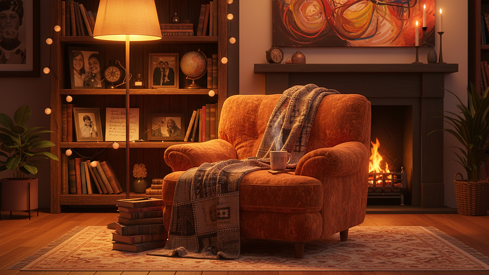 Eye-level view of a cozy room with a comfortable chair and soft lighting
