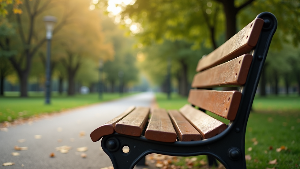 Eye-level view of a quiet empty bench in a peaceful park