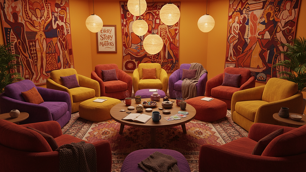 Eye-level view of a cozy room set up for a group meeting with chairs arranged in a circle