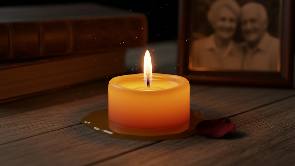 Close-up view of a lit memorial candle on a wooden surface